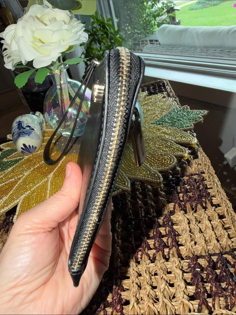 kate spade Black Saffiano Leather Wristlet Clutch with Gold Logo